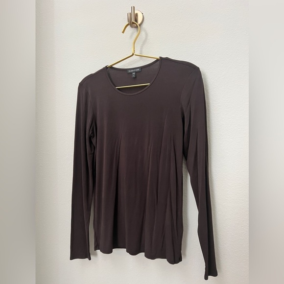 EUC Eileen Fisher Stretch 100% Silk Jersey Crew Neck Top, Brown, Size Small - Picture 3 of 8
